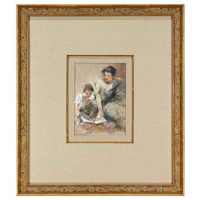 Framed artwork "Mother and Child Reading" by V. Green