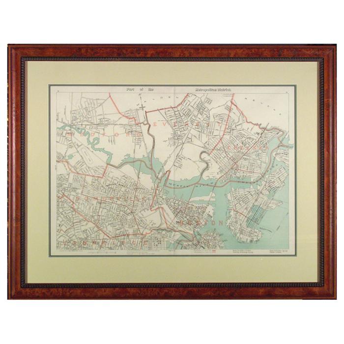 framed Original Map "Part of the Metropolitan District" Boston by Goe H. Walker & Co. 1891